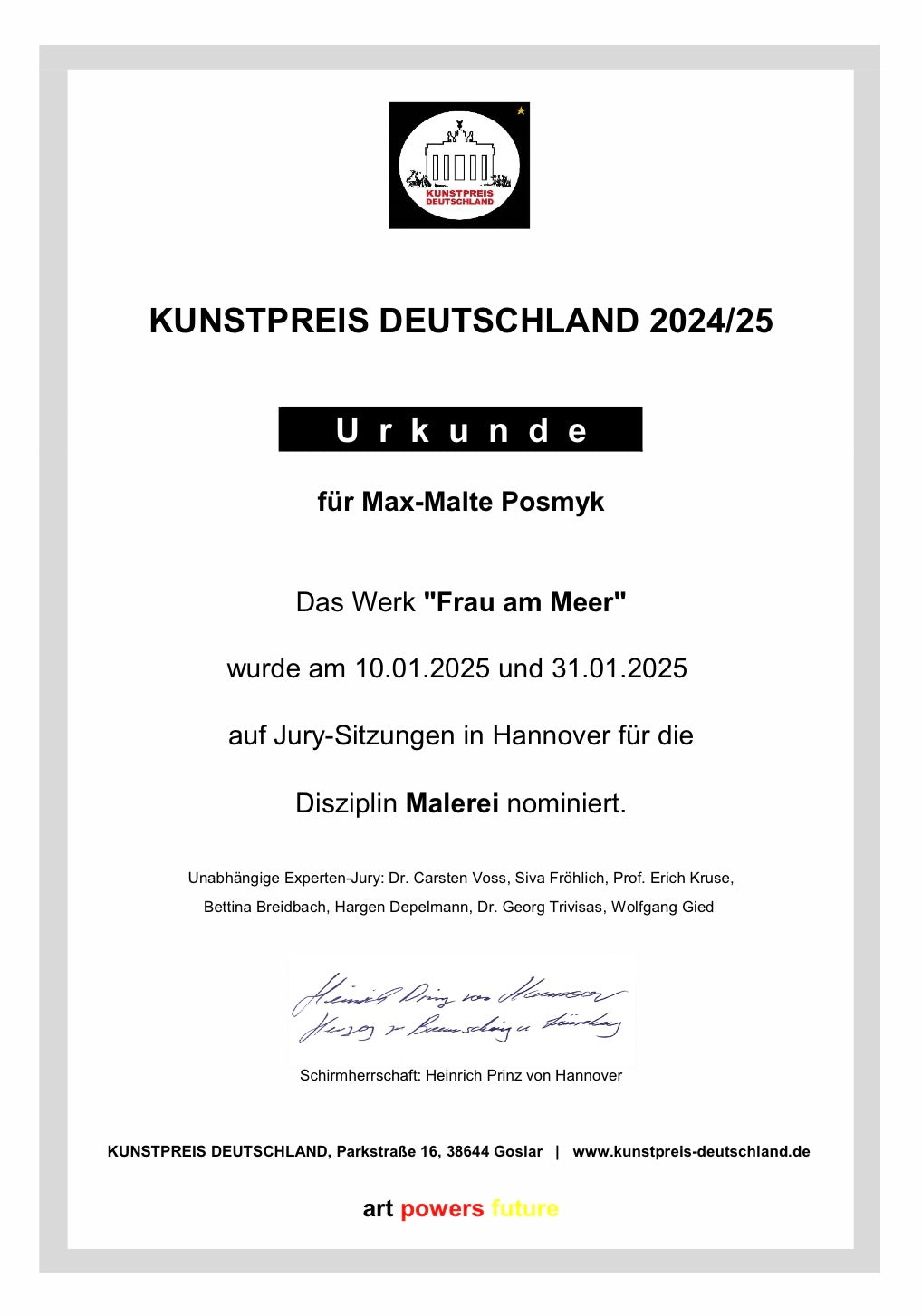 Offizielle Nominierung Kunstpreis Deutschland