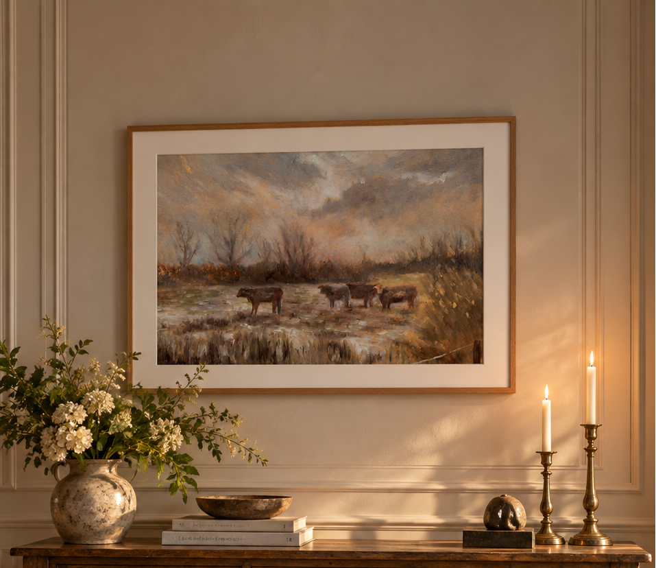 Limitierter Kunstdruck „Grasende Kühe im Winter“